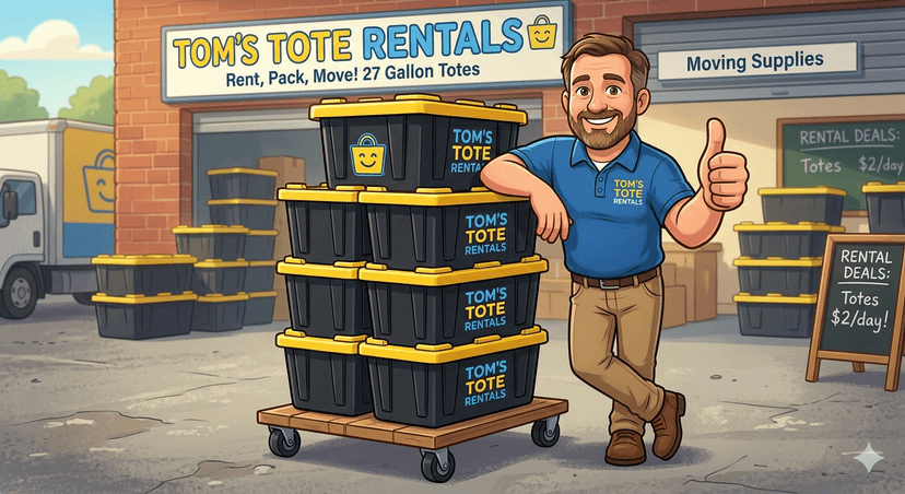 Tom with a stack of rental totes